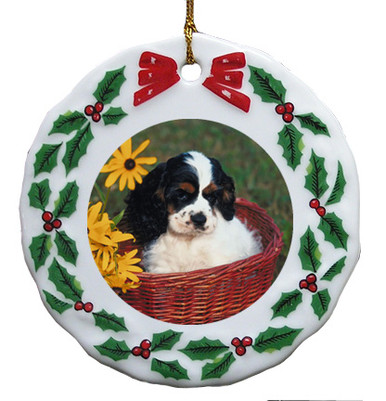 Cavalier King Charles Porcelain Holly Wreath Christmas Ornament