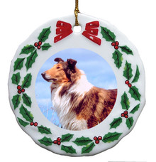 Collie Porcelain Holly Wreath Christmas Ornament