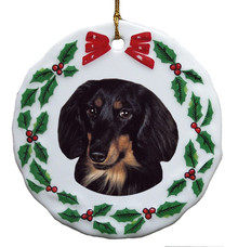 Dachshund Porcelain Holly Wreath Christmas Ornament