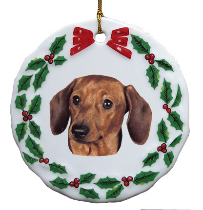 Dachshund Porcelain Holly Wreath Christmas Ornament