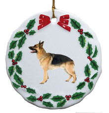 German Shepherd Porcelain Holly Wreath Christmas Ornament