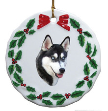 Siberian Husky Porcelain Holly Wreath Christmas Ornament