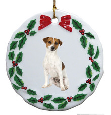 Jack Russell Terrier Porcelain Holly Wreath Christmas Ornament