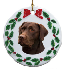 Labrador Retriever Porcelain Holly Wreath Christmas Ornament