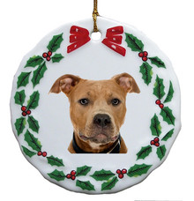 Pitbull Porcelain Holly Wreath Christmas Ornament