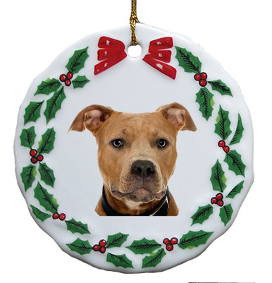 Pitbull Porcelain Holly Wreath Christmas Ornament