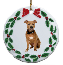 Pitbull Porcelain Holly Wreath Christmas Ornament