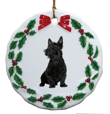 Scottish Terrier Porcelain Holly Wreath Christmas Ornament