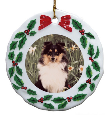 Shetland Sheepdog Porcelain Holly Wreath Christmas Ornament