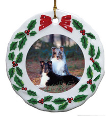 Shetland Sheepdog Porcelain Holly Wreath Christmas Ornament