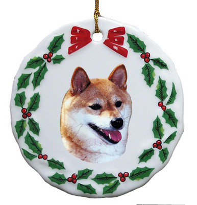 Shiba Inu Porcelain Holly Wreath Christmas Ornament