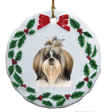 Shih Tzu Porcelain Holly Wreath Christmas Ornament