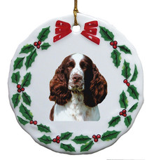 Springer Spaniel Porcelain Holly Wreath Christmas Ornament