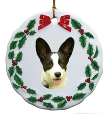 Welsh Corgi Porcelain Holly Wreath Christmas Ornament