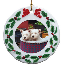 West Highland Terrier Porcelain Holly Wreath Christmas Ornament