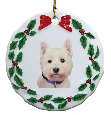 West Highland Terrier Porcelain Holly Wreath Christmas Ornament