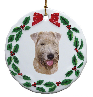 Wheaten Terrier Porcelain Holly Wreath Christmas Ornament