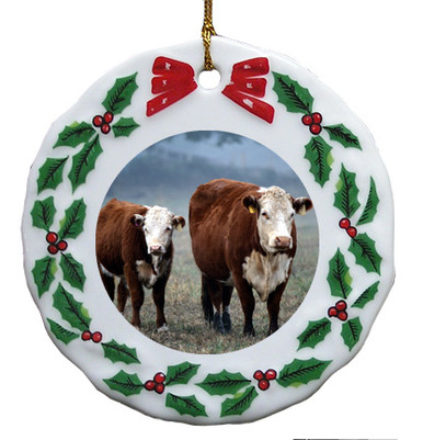 Cow Porcelain Holly Wreath Christmas Ornament