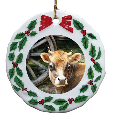 Cow Porcelain Holly Wreath Christmas Ornament