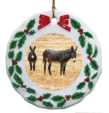 Donkey Porcelain Holly Wreath Christmas Ornament