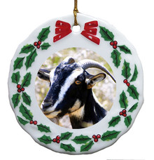 Goat Porcelain Holly Wreath Christmas Ornament
