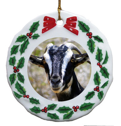 Goat Porcelain Holly Wreath Christmas Ornament