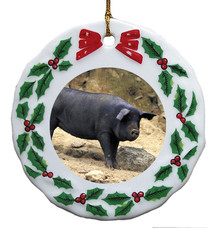 Pig Porcelain Holly Wreath Christmas Ornament