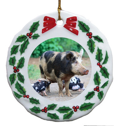 Pig Porcelain Holly Wreath Christmas Ornament