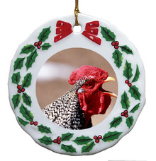 Rooster Porcelain Holly Wreath Christmas Ornament