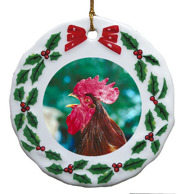 Rooster Porcelain Holly Wreath Christmas Ornament