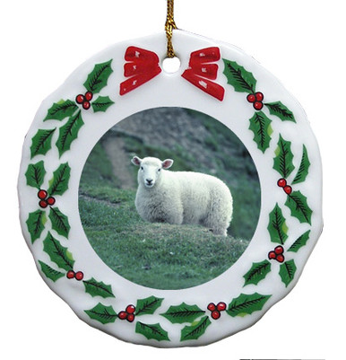 Sheep Porcelain Holly Wreath Christmas Ornament