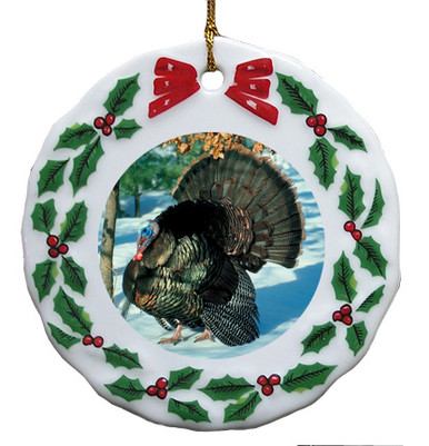 Turkey Porcelain Holly Wreath Christmas Ornament