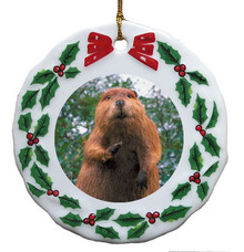 Beaver Porcelain Holly Wreath Christmas Ornament