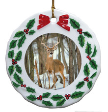 Deer Porcelain Holly Wreath Christmas Ornament