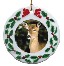 Deer Porcelain Holly Wreath Christmas Ornament