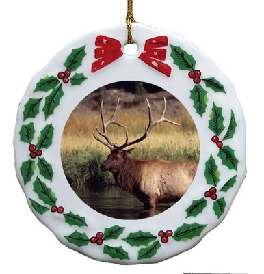 Elk Porcelain Holly Wreath Christmas Ornament