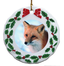 Fox Porcelain Holly Wreath Christmas Ornament