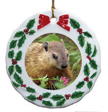 Groundhog Porcelain Holly Wreath Christmas Ornament