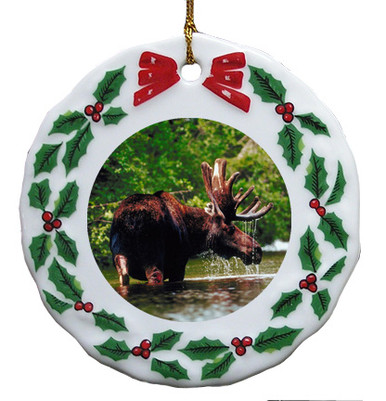 Moose Porcelain Holly Wreath Christmas Ornament