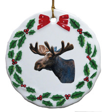 Moose Porcelain Holly Wreath Christmas Ornament