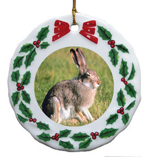 Rabbit Porcelain Holly Wreath Christmas Ornament