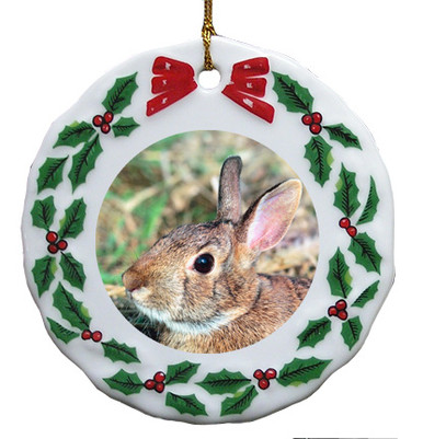 Rabbit Porcelain Holly Wreath Christmas Ornament