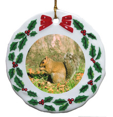 Squirrel Porcelain Holly Wreath Christmas Ornament