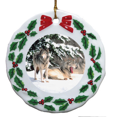 Wolf Porcelain Holly Wreath Christmas Ornament