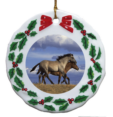 Horse Porcelain Holly Wreath Christmas Ornament