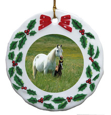 Horse Porcelain Holly Wreath Christmas Ornament