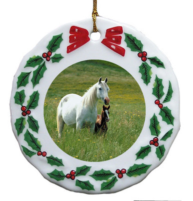 Horse Porcelain Holly Wreath Christmas Ornament