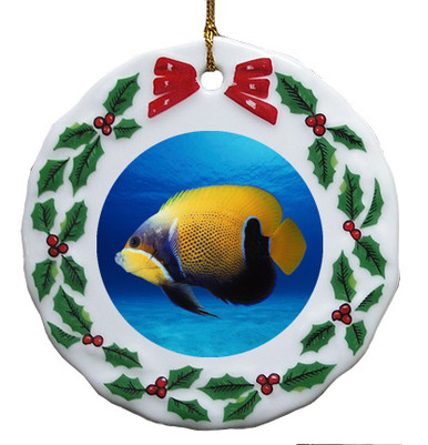 Blue Girdled Angelfish Porcelain Holly Wreath Christmas Ornament