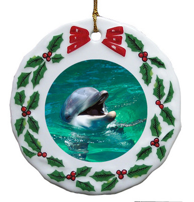 Dolphin Porcelain Holly Wreath Christmas Ornament