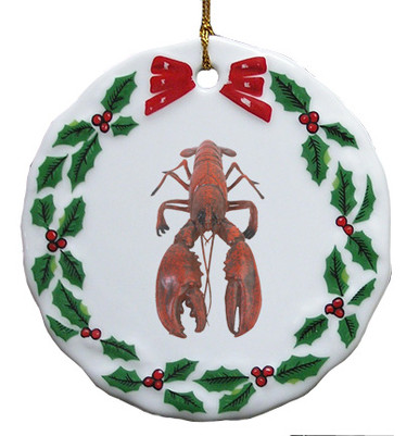 Lobster Porcelain Holly Wreath Christmas Ornament